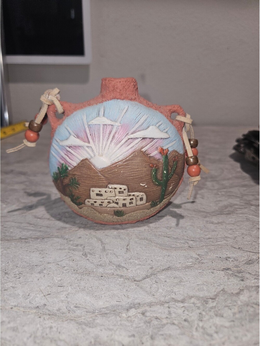 Handmade Southwestern Style Clay Pot Vase with Painted Desert Scene